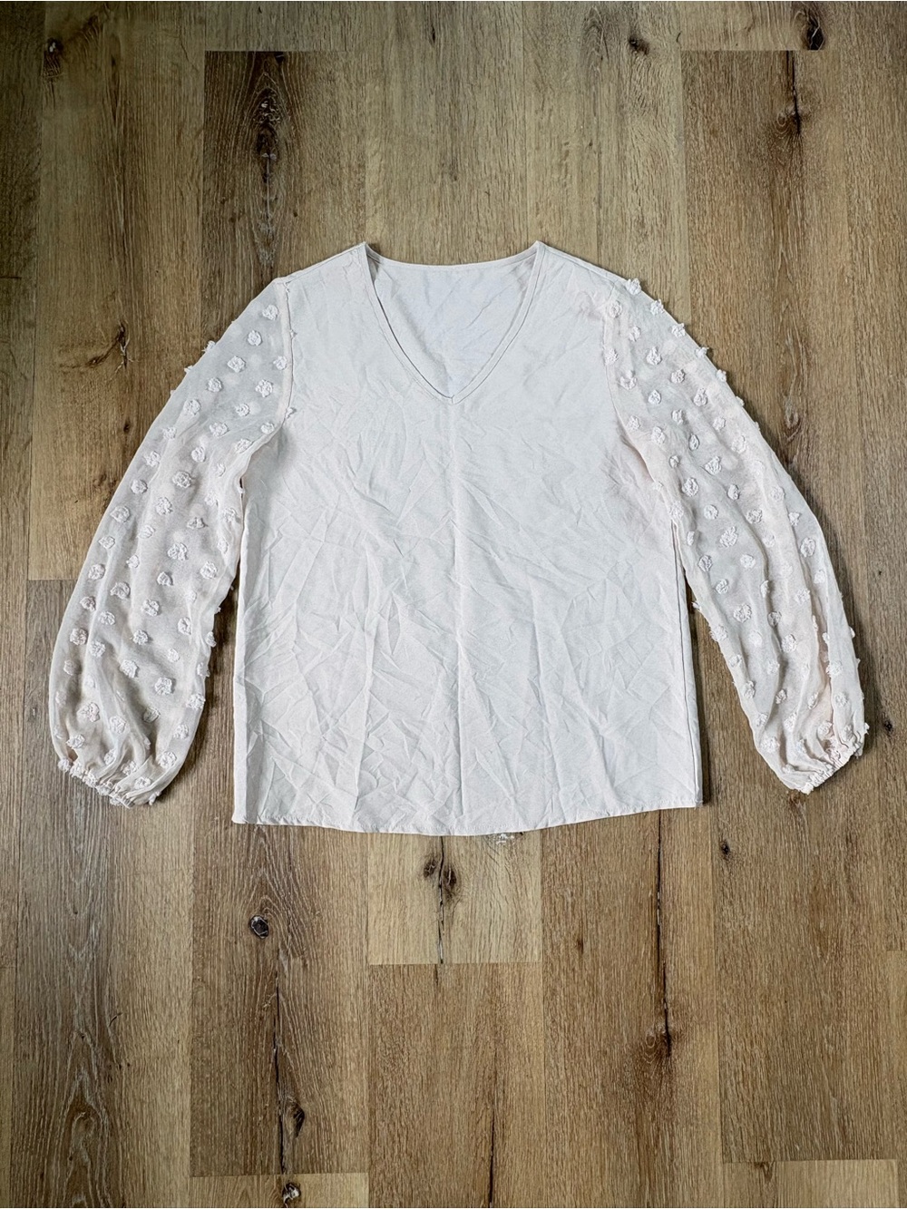 V-Neck Cream Blouse with Sheer Dot Puff Sleeve Detail
